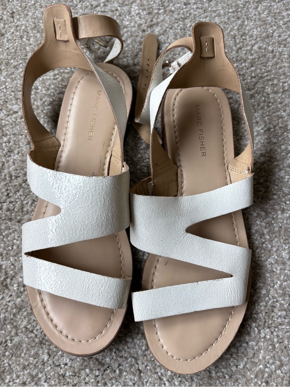 Marc Fisher White & Tan Leather Strappy Flat Sandals